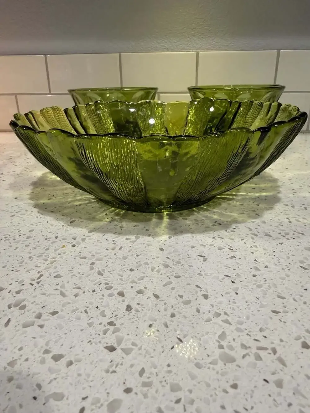 Vintage Anchor Hocking Country Garden Avocado Green  3-Piece Serving Set
